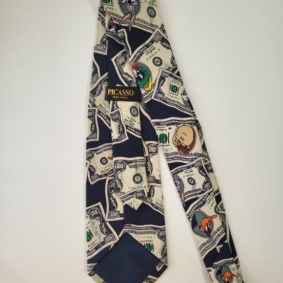 Vintage 90s Looney Tunes‎ Character Money All Over Print Men's Neck Tie - Picture 5 of 7